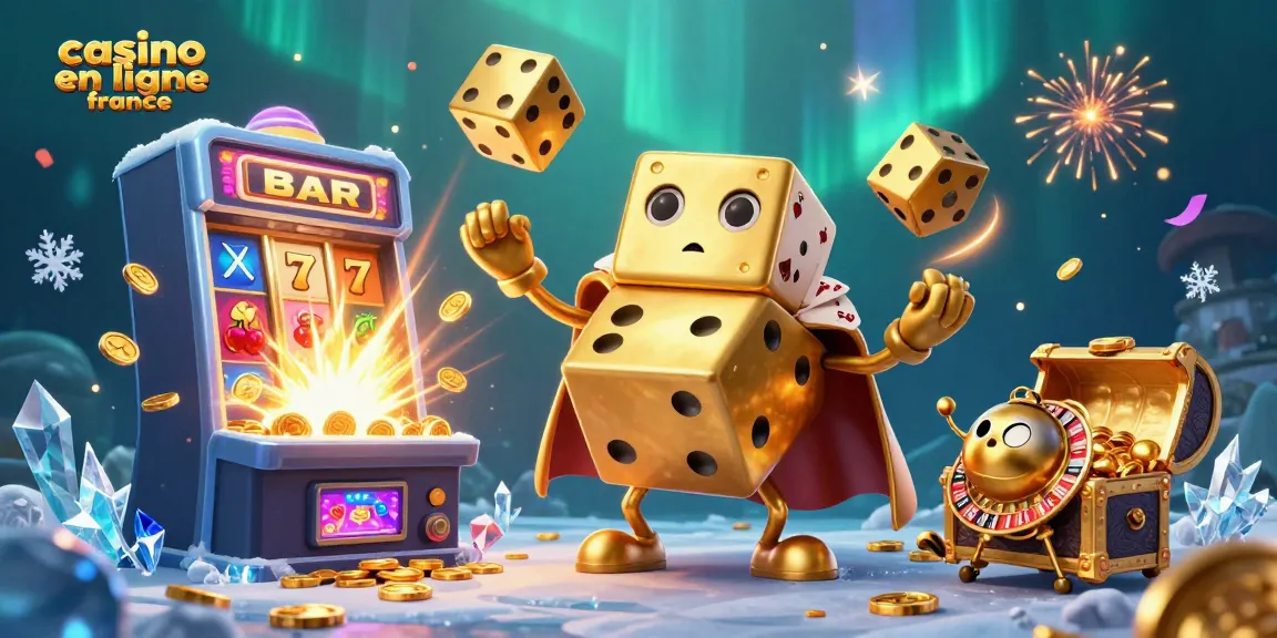 Profitez du monde des jeux avec ce visuel dynamique de casino en ligne France illustrant un golem de dés dorés.