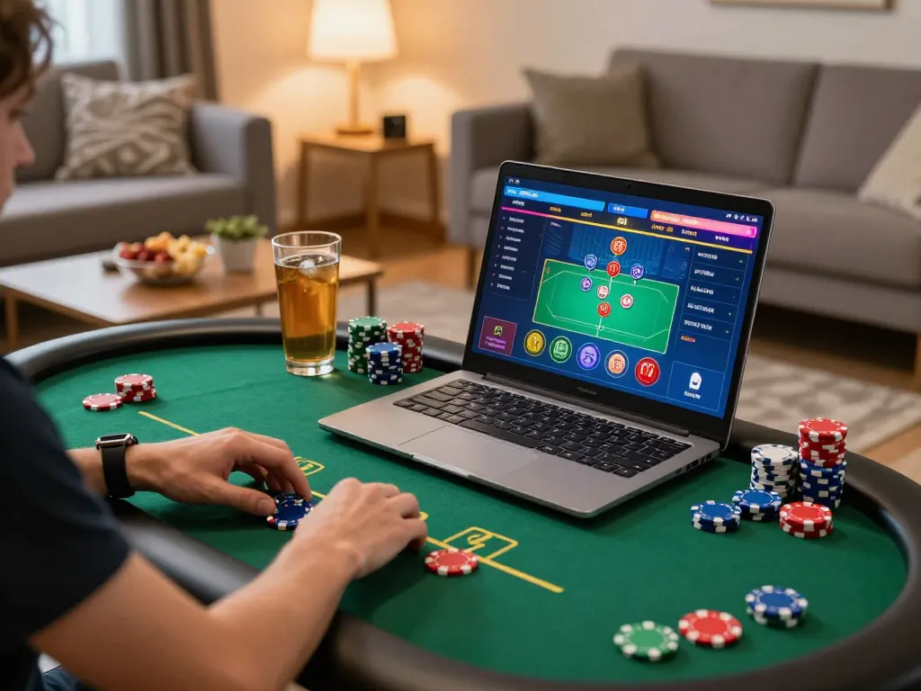 Person playing poker on online casinos Canada from a cozy living room, illustrating engaged gaming experience.