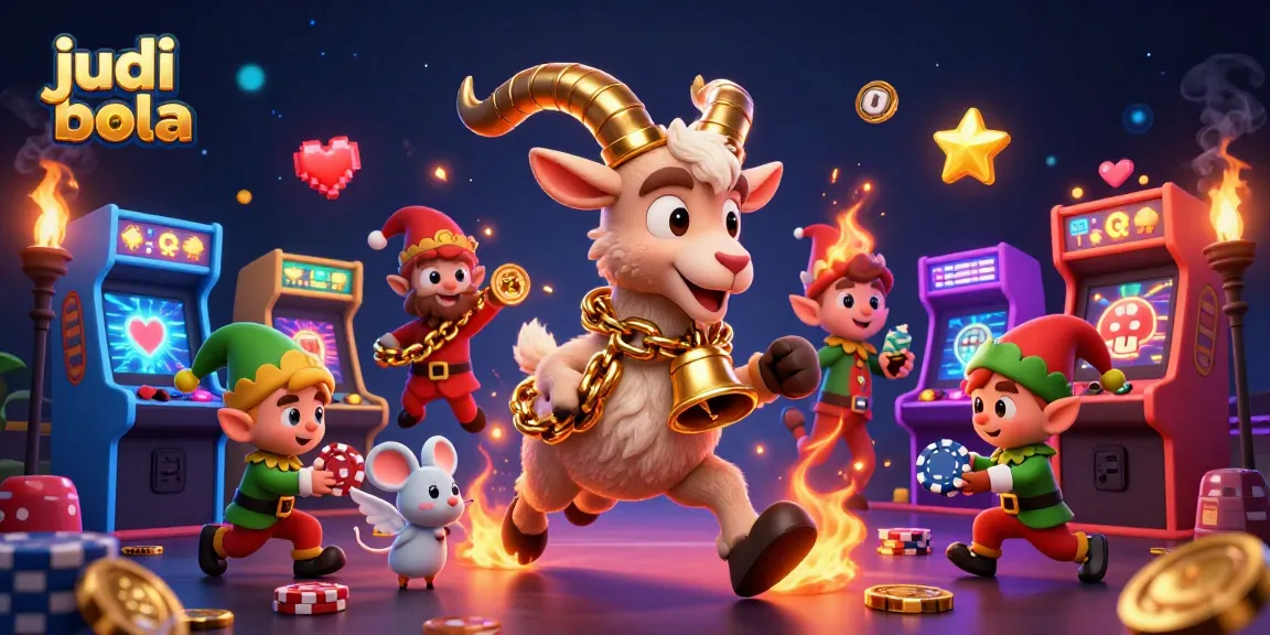 Engage in judi bola with a festive scene of Krampus and playful characters in a vibrant casino setting.
