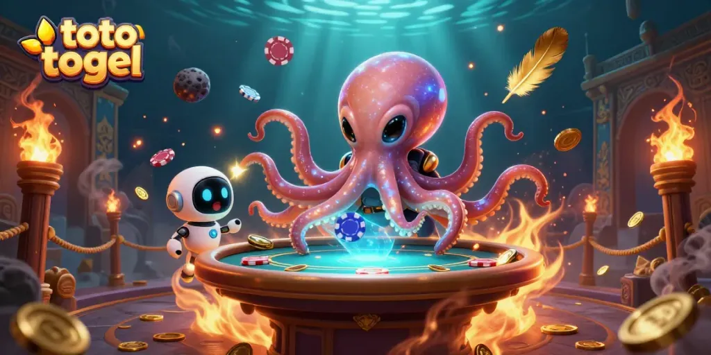 Toto togel menantang keberuntungan dengan permainan poker yang dipandu oleh karakter alien di tengah koin emas dan efek api.