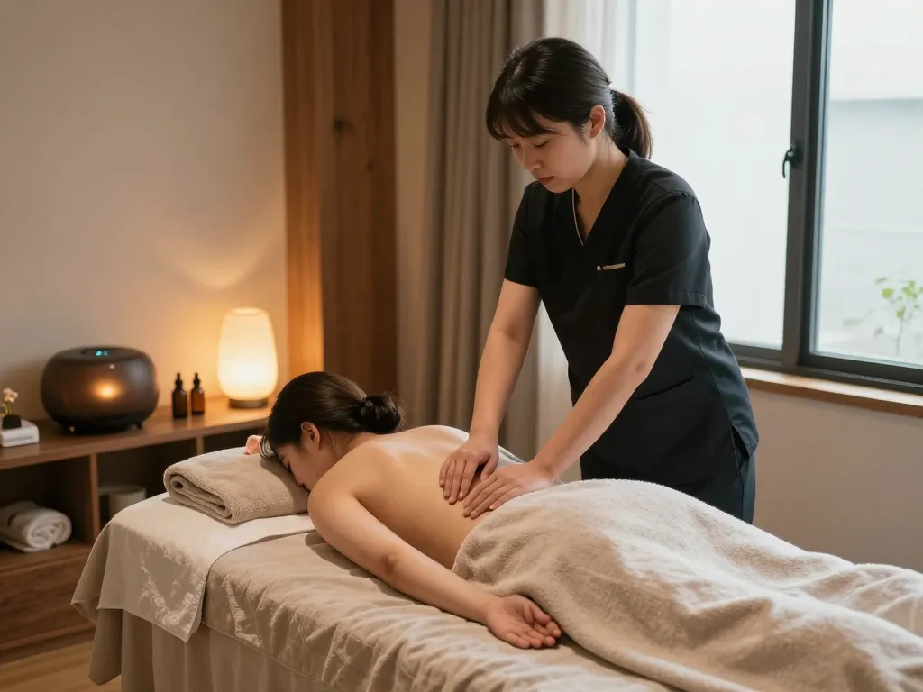 동대문스웨디시 마사지 세션을 위한 편안한 요소가 있는 웰니스 스파의 휴식 분위기.