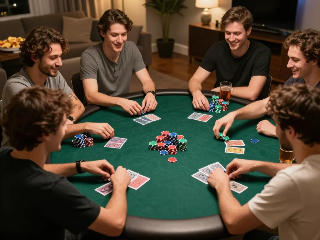 Exciting home poker night with friends at hytw3339 com, showcasing strategy and fun.