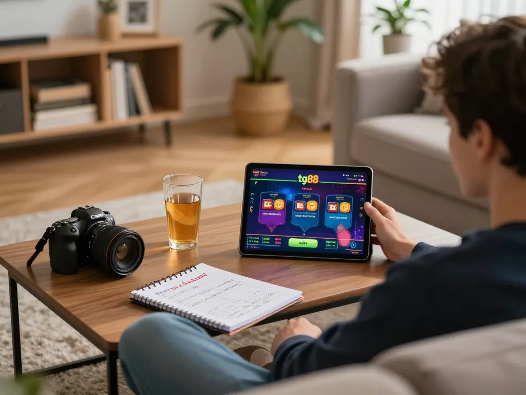 Engaging with tg88 online gaming on a tablet in a cozy home setting