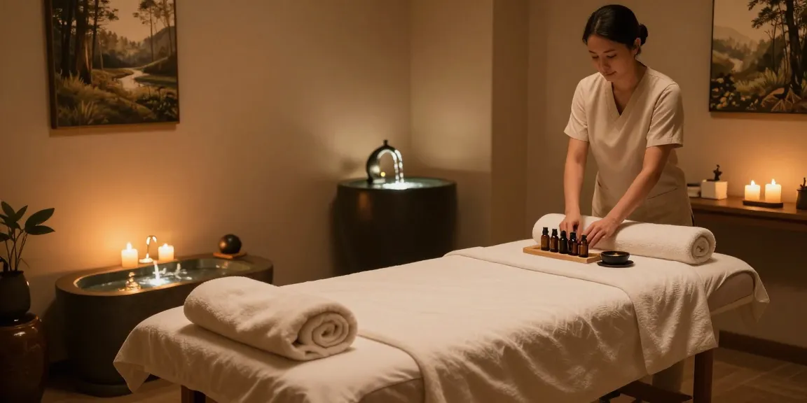 역삼동마사지의 편안한 스파 룸, 아로마 테라피 도구와 편안한 조명으로 힐링 분위기 연출