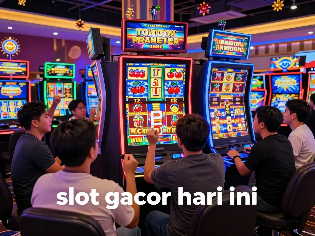 Pemain yang bersemangat merayakan kemenangan besar di kasino slot gacor hari ini, dikelilingi oleh lampu berwarna-warni dan pemain yang bersorak.