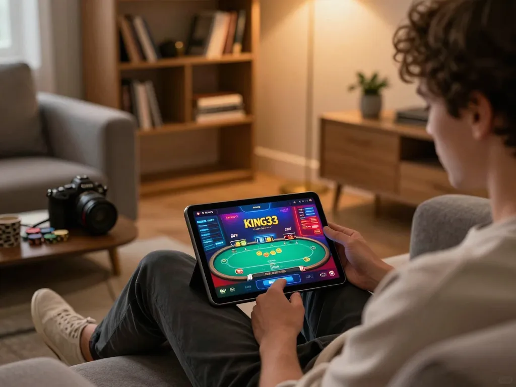 Player engaging in thrilling games on King33 platform using a tablet in a cozy living space