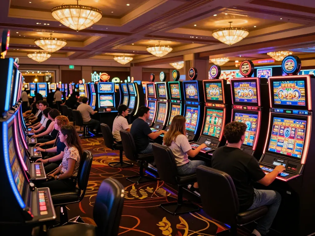 Players enjoying dynamic slot gameplay at a lively casino, showcasing excitement as reels spin