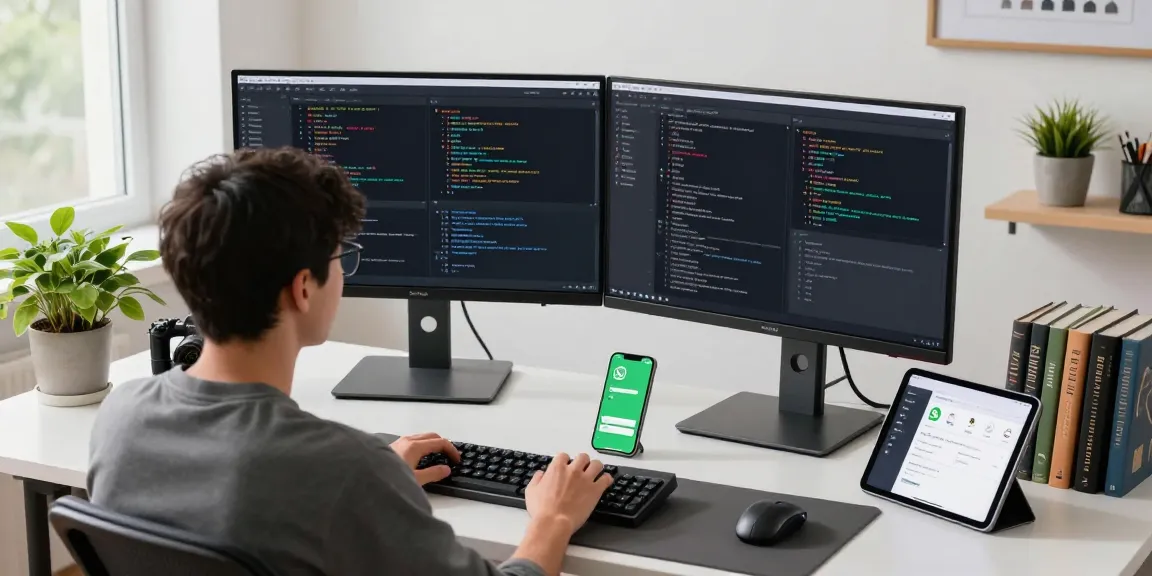 WhatsApp下載 workspace with a developer coding on dual monitors, showcasing a vibrant tech environment.