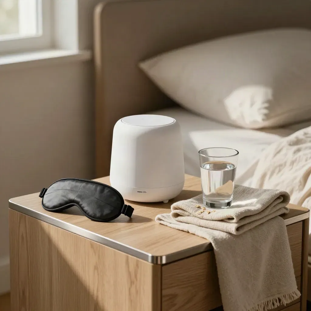 Bedside sleep kit with sound machine, mask, blanket and water beside a pillow in warm window light.