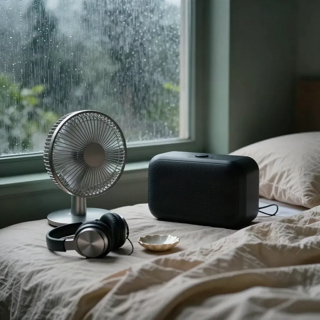 Rainy bedroom with sleep audio gear by a window, moody and calm.
