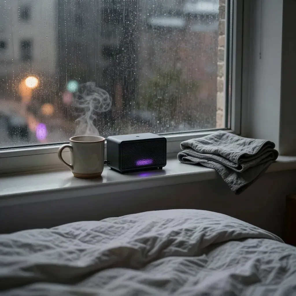 Rain-streaked apartment window with sound machine, mug, and folded throw on a bedside sill at night.