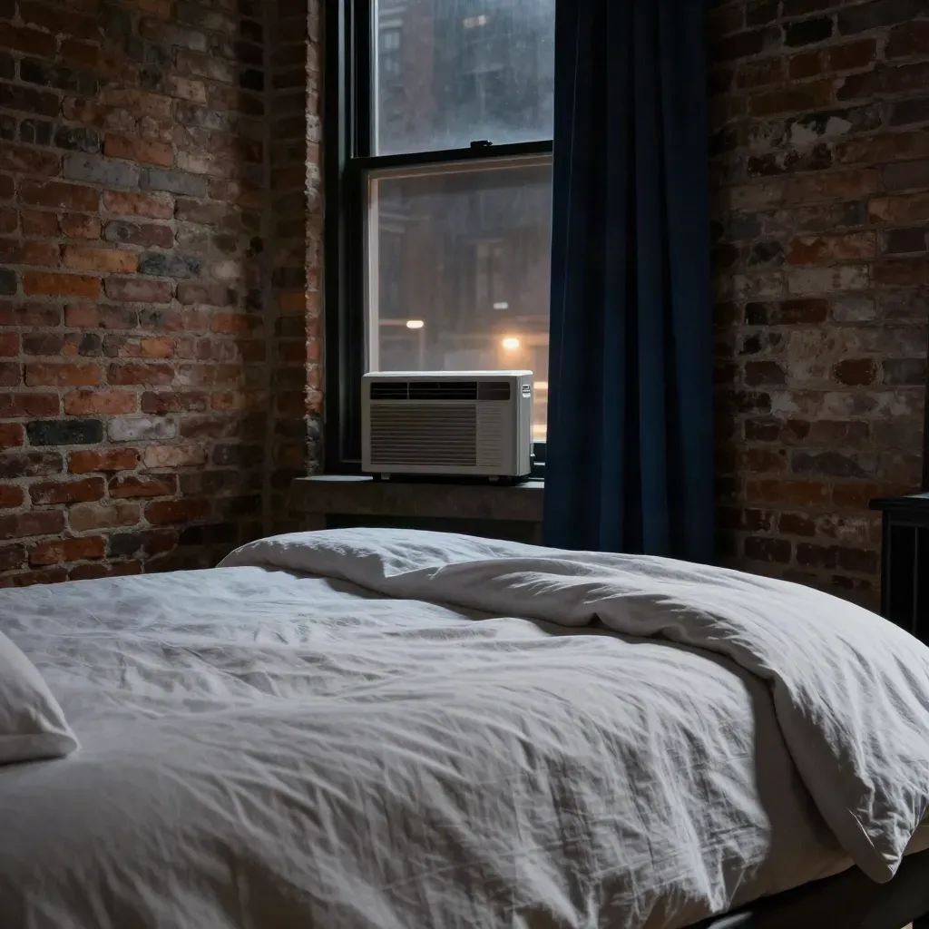 Brick bedroom with window AC, tucked duvet, heavy drape, and hazy city light.