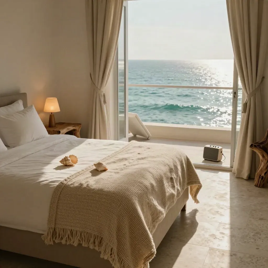 Oceanfront motel bed by open balcony doors with shell, throw, and speaker