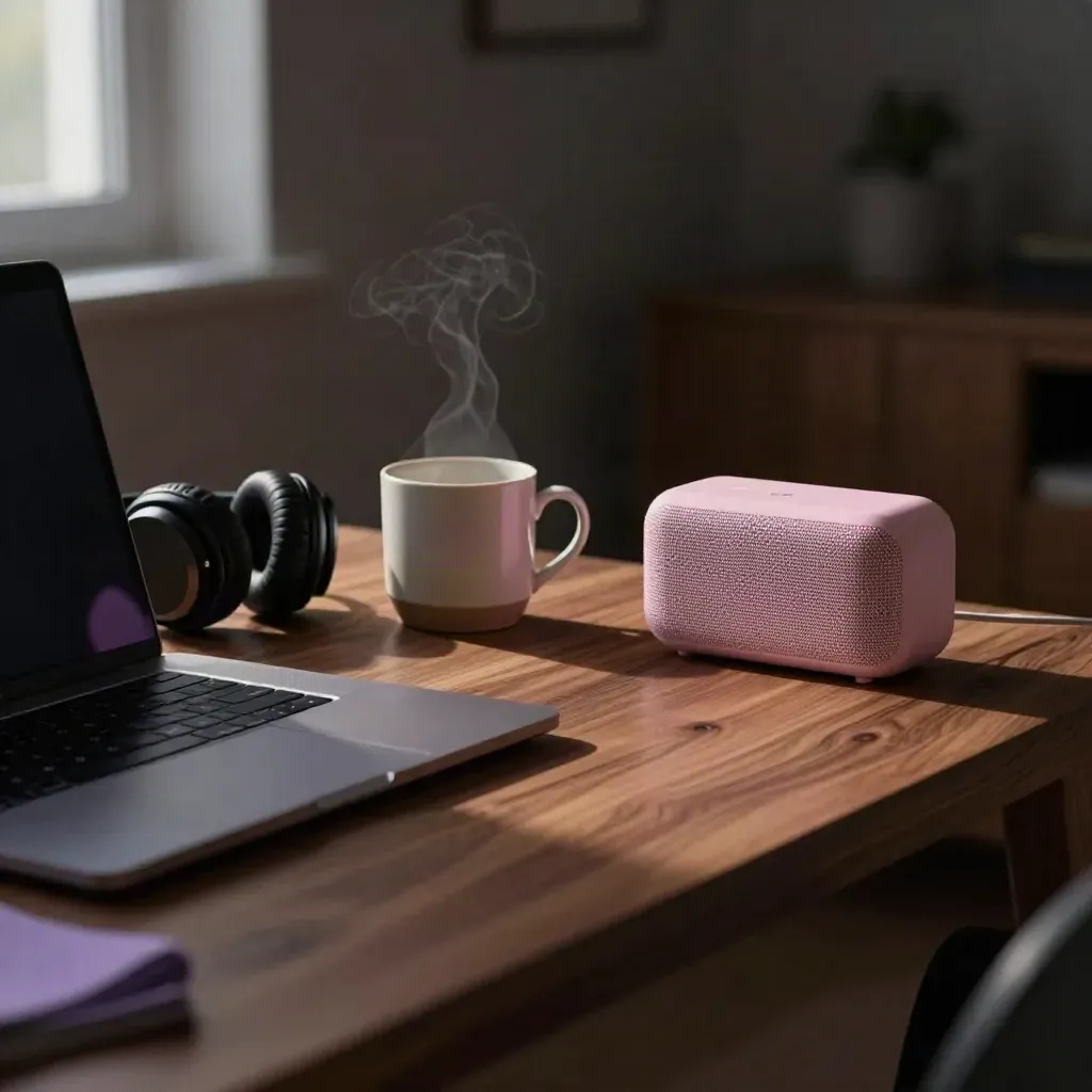 Pre-dawn desk with closed laptop, headphones, mug, and pink-noise speaker in soft dawn light.