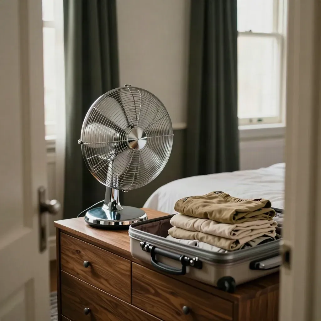Small hotel room with a clip fan, suitcase, folded clothes, and blackout curtains in window light.
