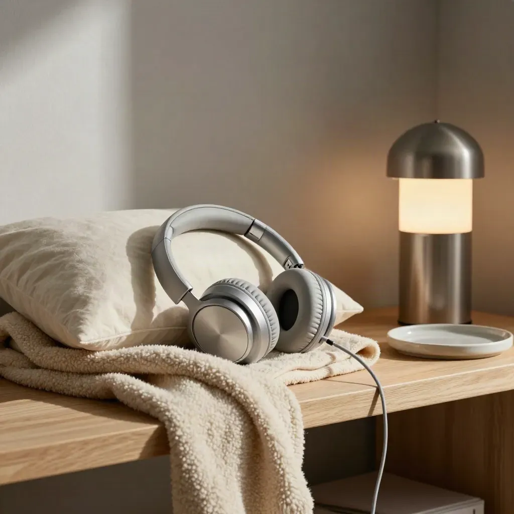 Headphones resting by a lamp on a bedside shelf with a folded blanket and pillow.