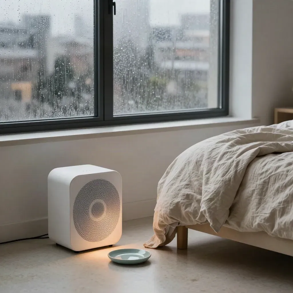 Sleep kit beside a rain-streaked apartment window with fan, speaker, and tucked duvet