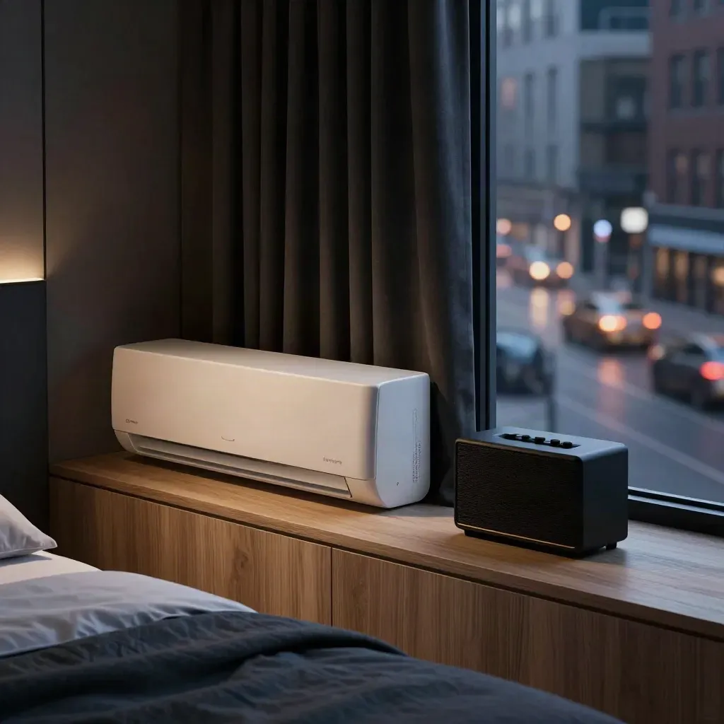 City bedroom with AC, heavy curtains, bedside speaker, and traffic blur at night.