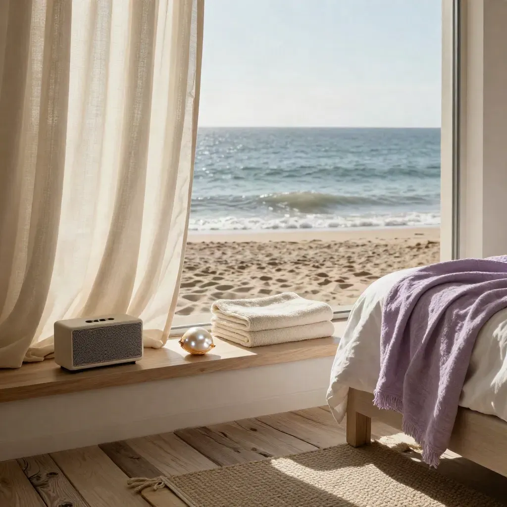 Coastal bedroom through curtains with speaker, towel, shell, and late afternoon sea light.