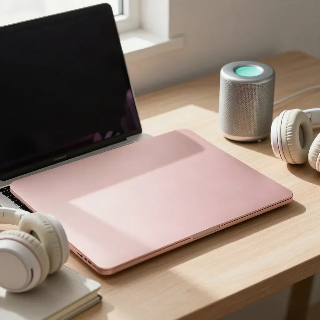 Closed laptop, headphones, notebook and desk speaker on a sunlit desk with teal glow and drifting dust.