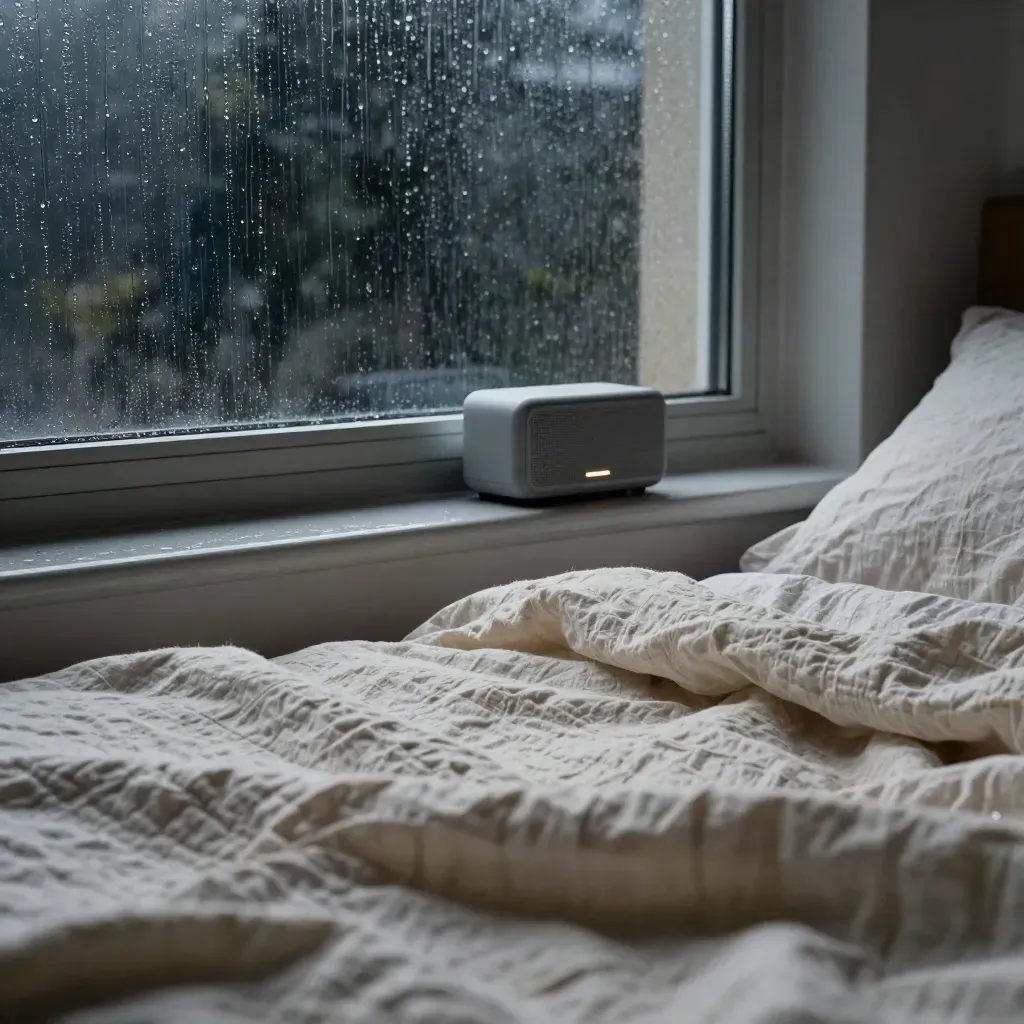 Rain-streaked bedroom window, sound machine on sill, rumpled sheet in moody close view.