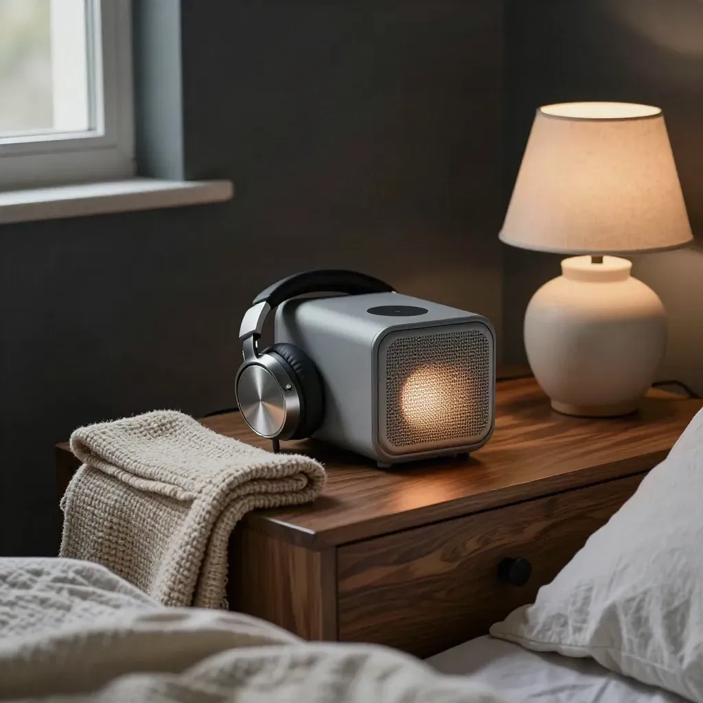 Bedside speaker, headphones, blanket and lamp in a cozy dusk bedroom corner.