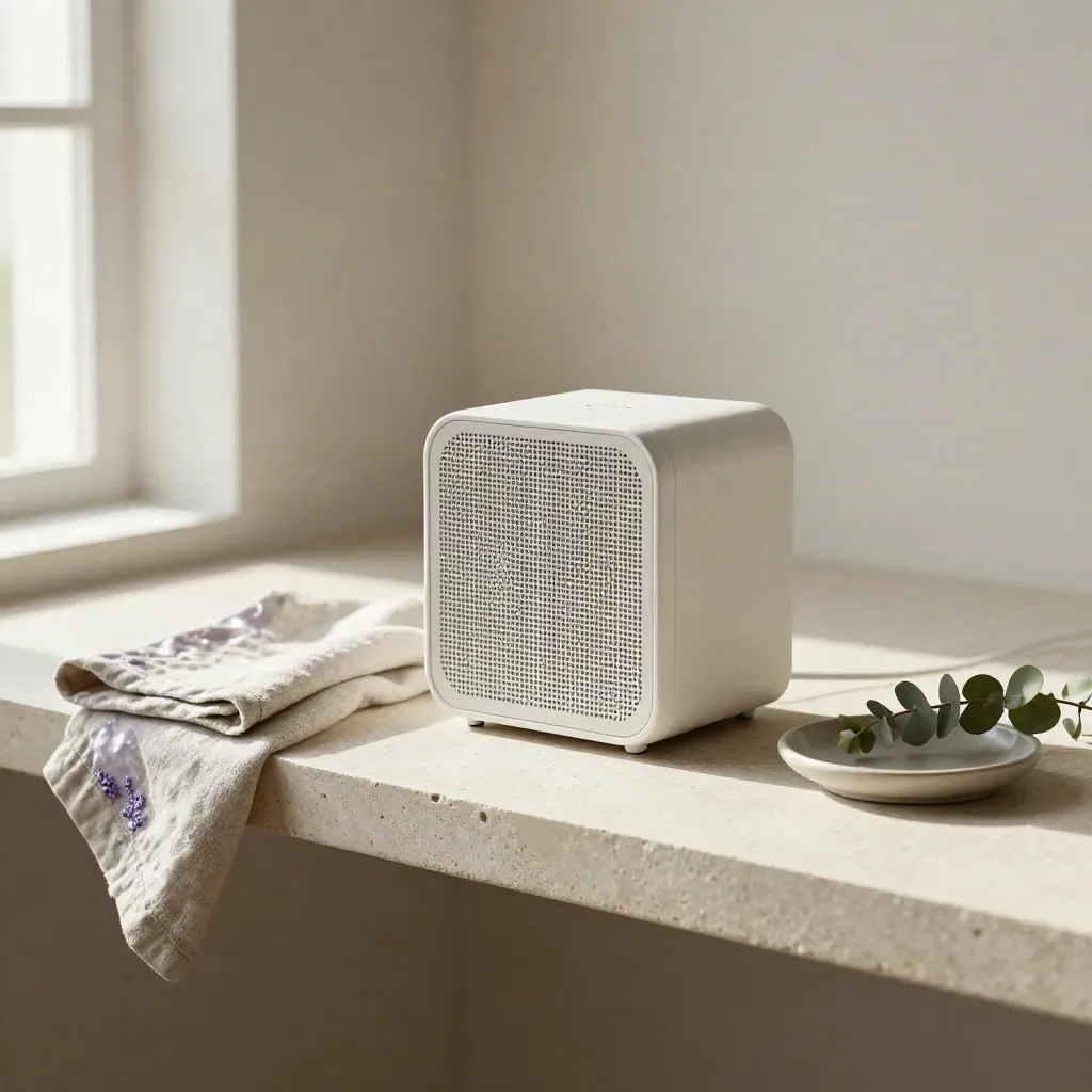 White noise machine on stone shelf with linen, dish, and eucalyptus