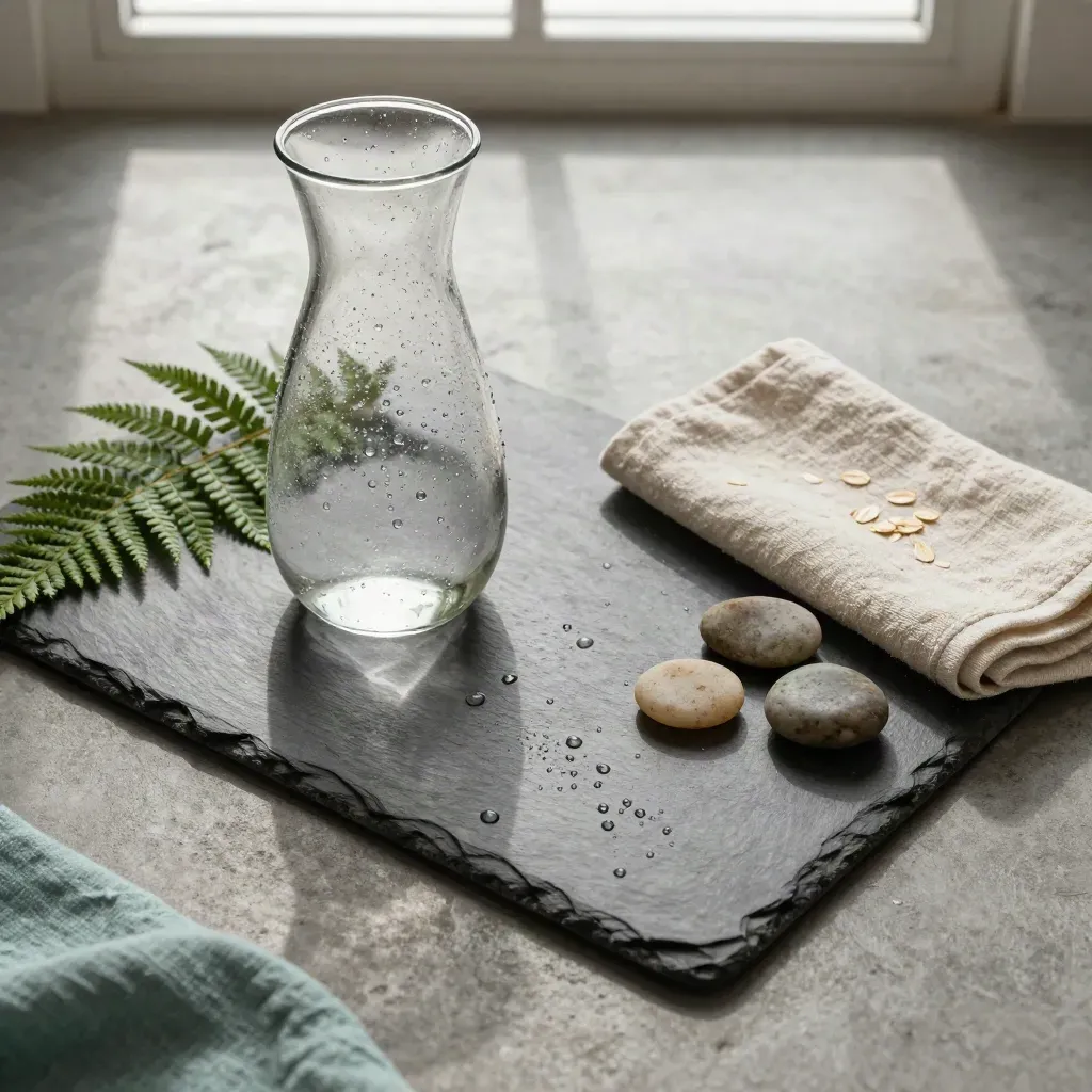 Overhead rain-themed still life with glass carafe, fern, towel, and stones on a slate tray.