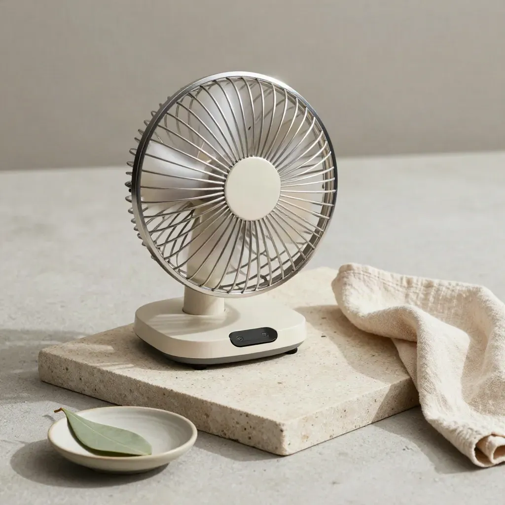 Small fan, dish, leaf and cloth on a stone tray in soft light