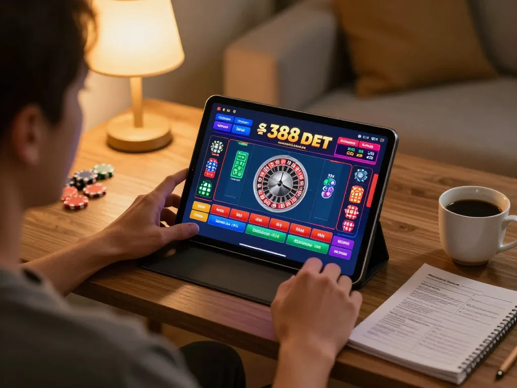 Engaging in online casino gaming with 388bet on a tablet in a cozy home environment