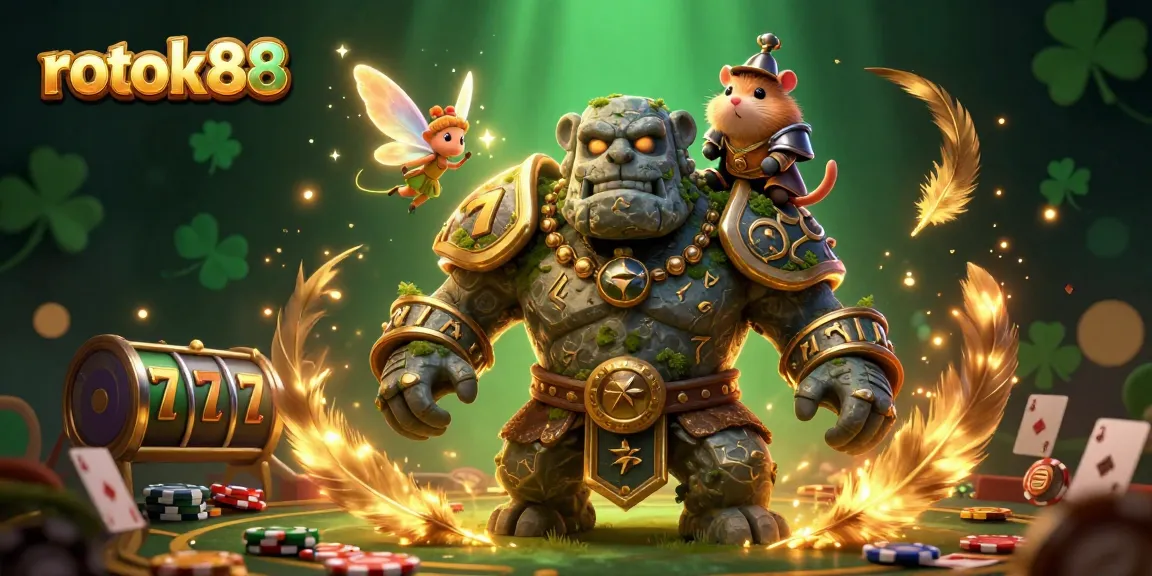 Spin the reels with rokok88, featuring a magical golem, fairy, and hamster knight in an energetic casino scene.