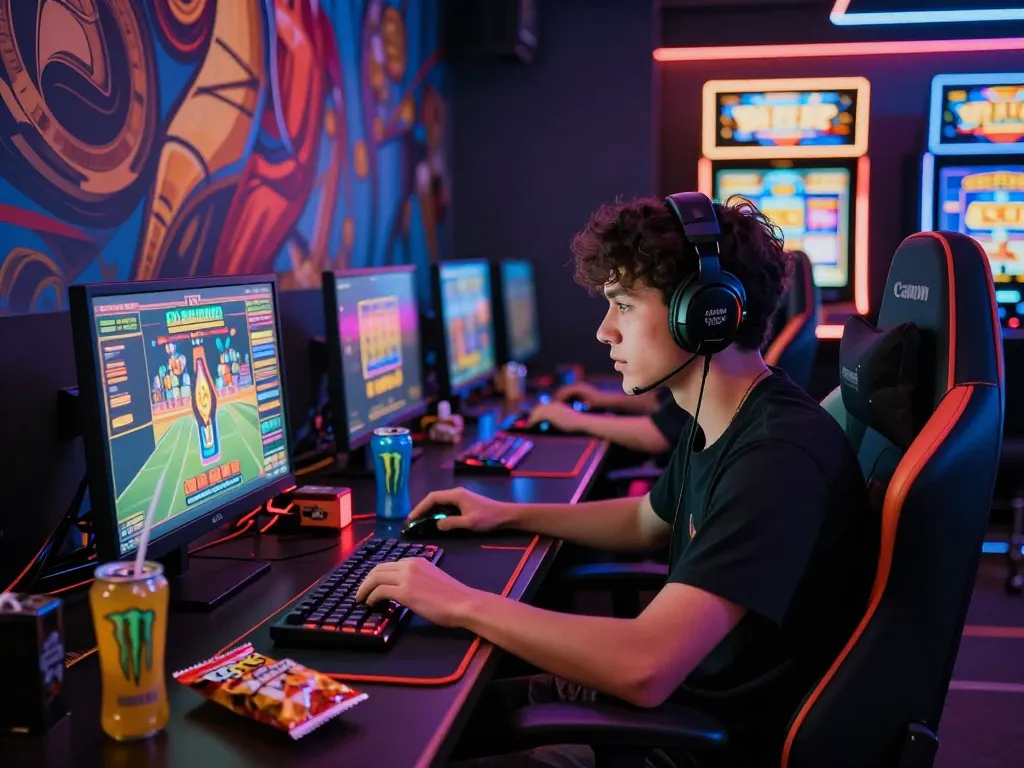 Pemain terlibat di setup permainan situs slot gacor dengan suasana dinamis dan pencahayaan LED berwarna-warni
