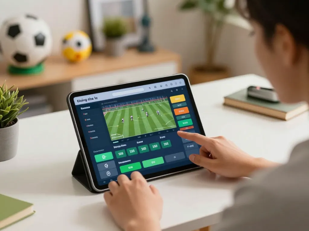 Bóng đá lu live betting excitement at home, engaging with tablet for real-time updates and odds.
