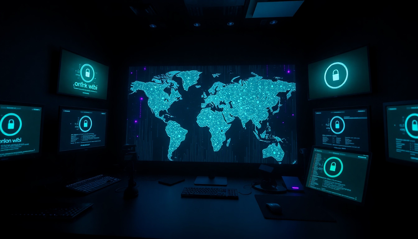 An immersive digital scene representing the hidden wiki, showcasing the dark web's secretive nature with computers and cryptographic symbols.