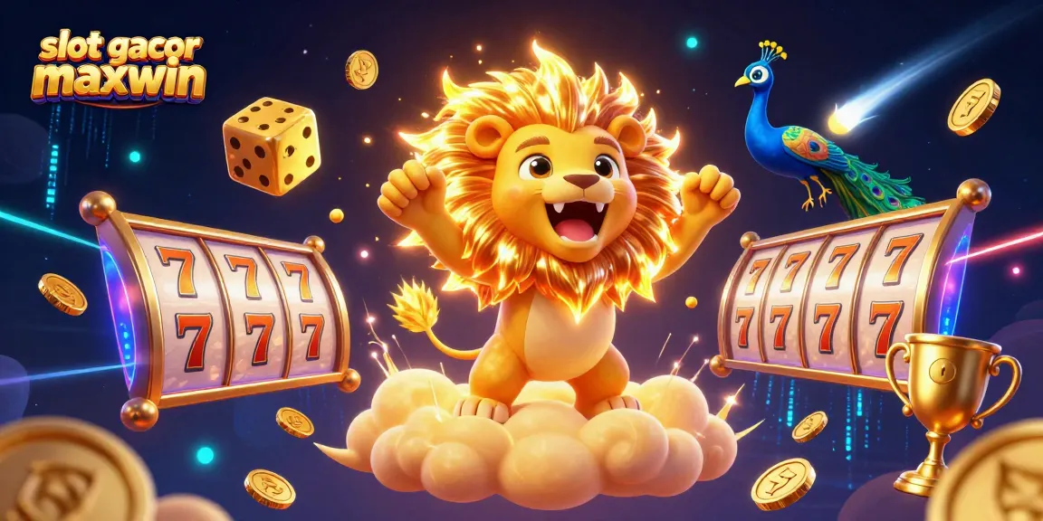 Feel the excitement of slot gacor maxwin with vibrant reels and a majestic lion amidst a festive backdrop.