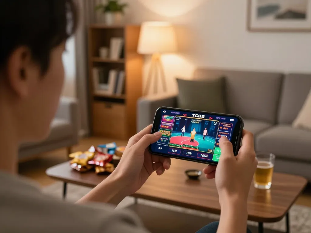 Person engaged in online casino betting through the TG88 app, showcasing a cozy home setup.