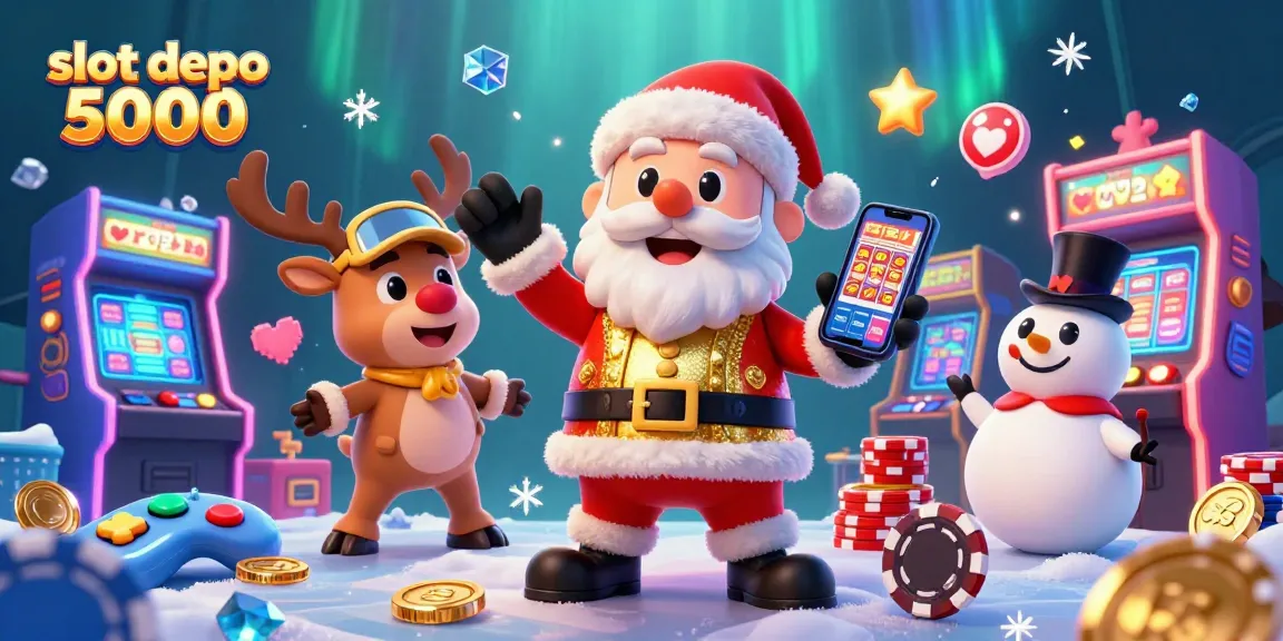 Spin jackpots at slot depo 5000 with Santa and friends in a vibrant casino scene.