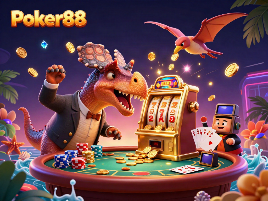 Experience exciting gameplay at Poker88 with a playful dinosaur-themed casino illustration featuring a jackpot event.