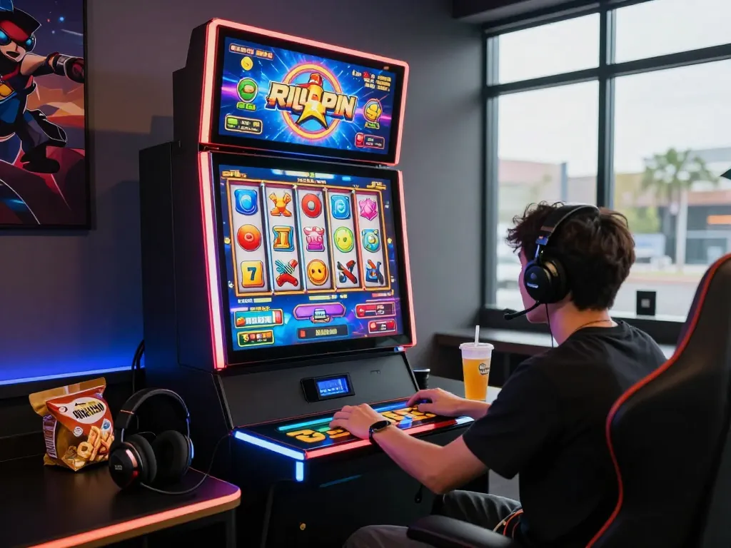 Engaging gaming scene with vibrant slot machine gameplay on vegasslot77 platform, surrounded by modern accessories and ambient lighting.