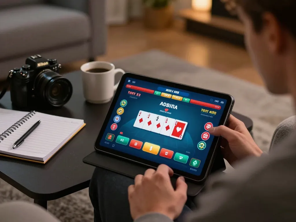 Engaging in online poker gameplay on tablet with domino88 link alternatif in cozy home setting.