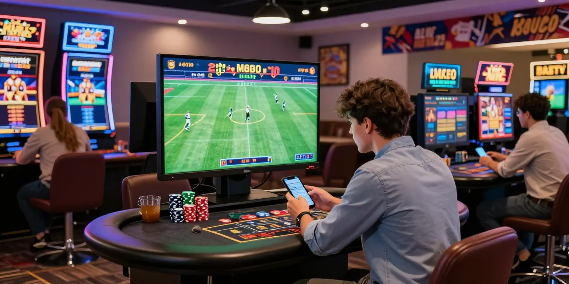Engaging scene of players at nhà cái shbet enjoying sports betting and live casino games in a modern gaming lounge.