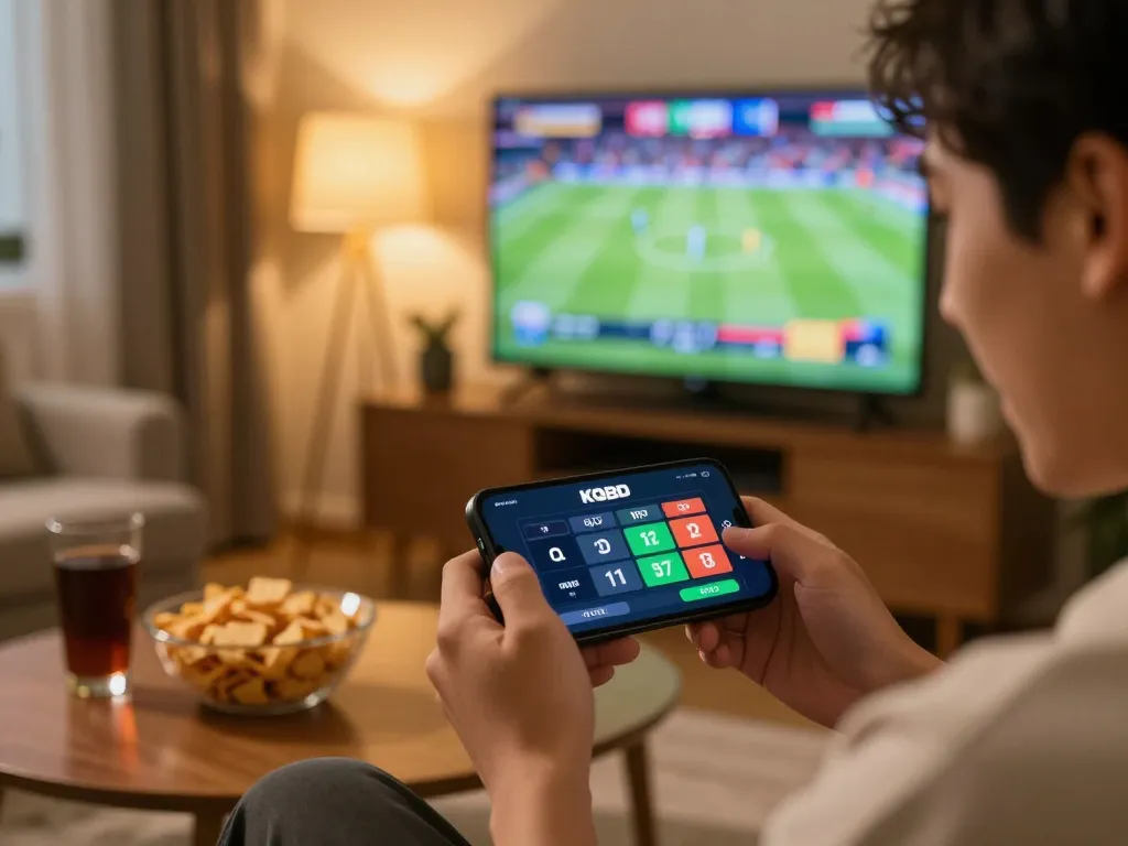 KQBD user placing football bet on smartphone in lively home setting during game