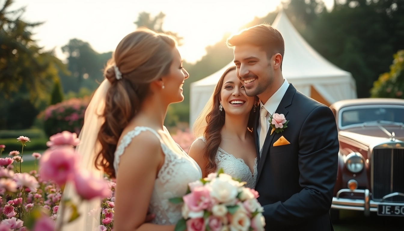 Wedding photographer captures a joyful couple surrounded by flowers during a sunny ceremony.