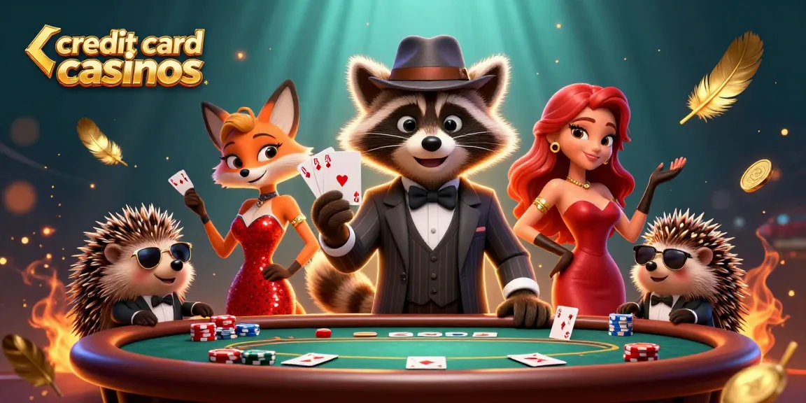 Engage with credit card casinos featuring a raccoon, a fox, and a hedgehog in a lively poker scene.