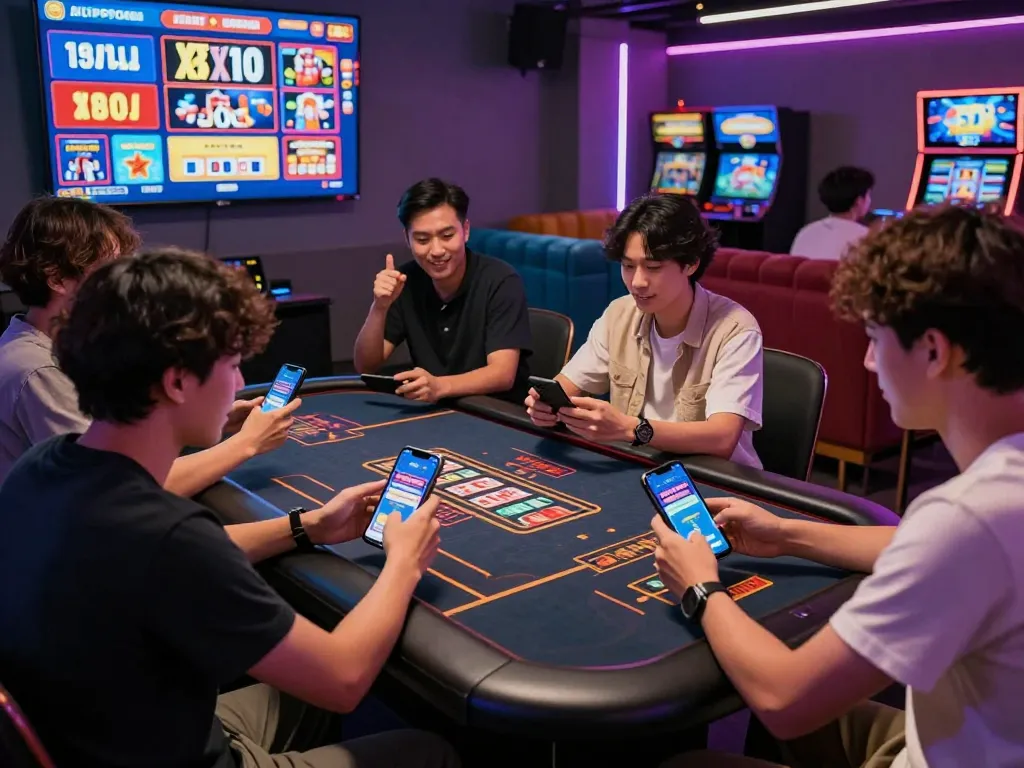 Engaged friends playing at a popotogel gaming table, showcasing excitement and vibrant atmosphere.