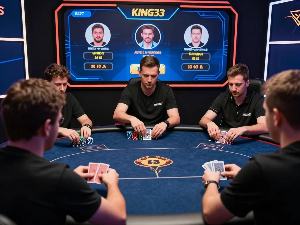 King33 poker game in action, players strategizing and placing bets on digital interface.