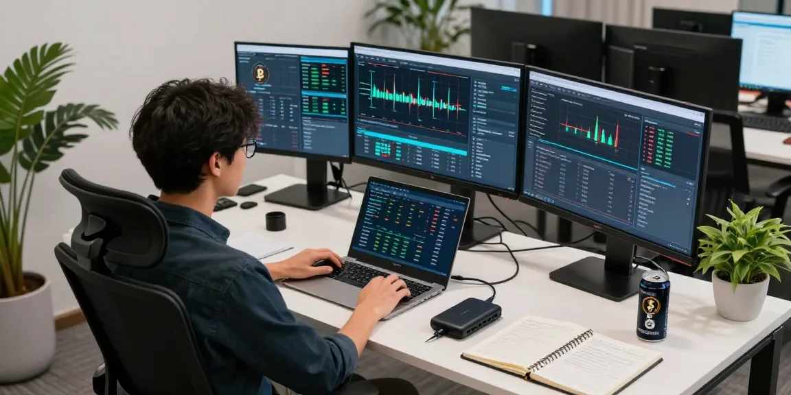 Bitcoin mining website characterized by a modern workspace with multiple screens analyzing cryptocurrency, secured hardware wallet, and digital trading interface.