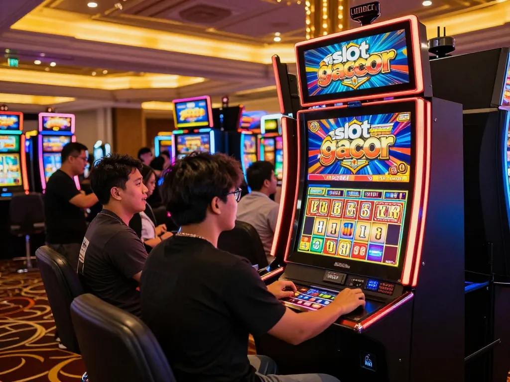Player winning on a slot gacor machine amid exciting casino atmosphere, bright lights and lively action.