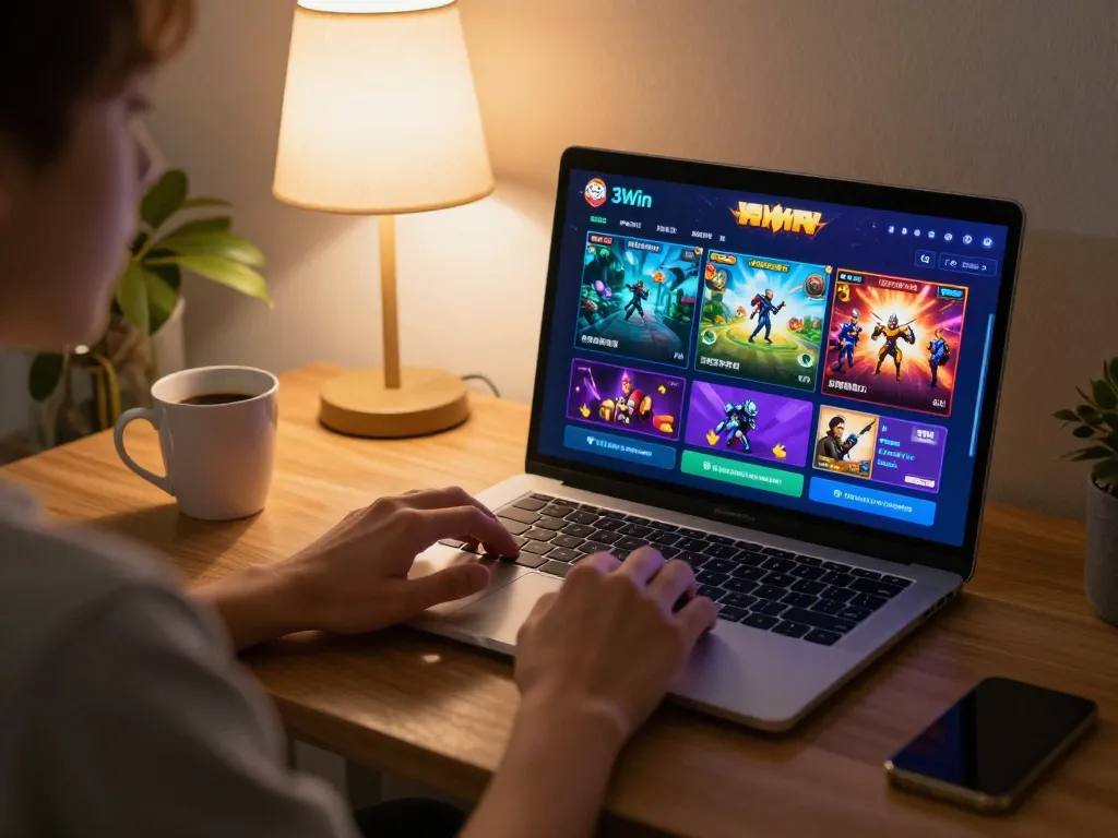 Engaging in online games on 3Win platform from home, colorful screen showing betting options.
