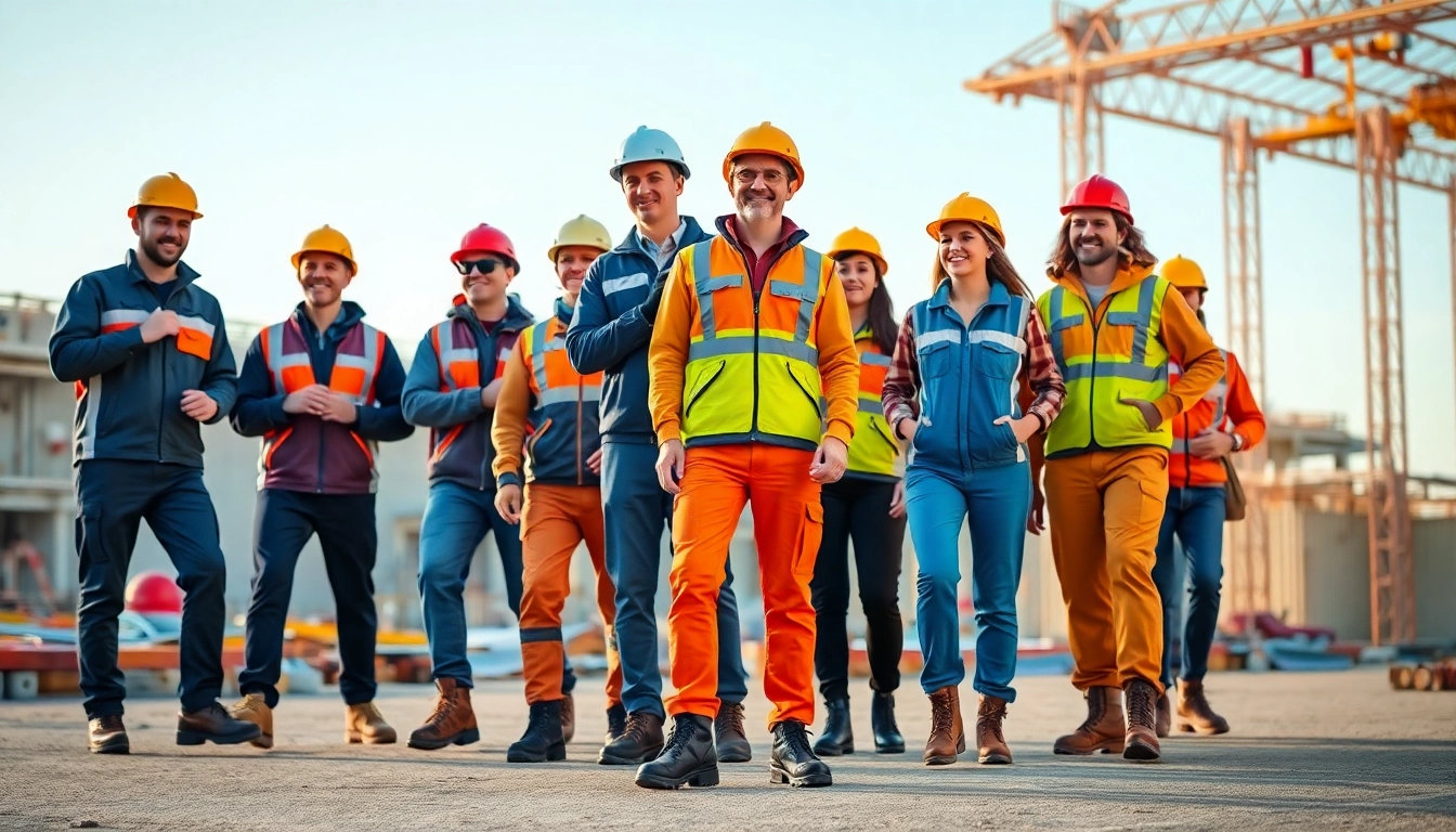 Professionals wearing Blåkläder workwear collaborating on a construction site.